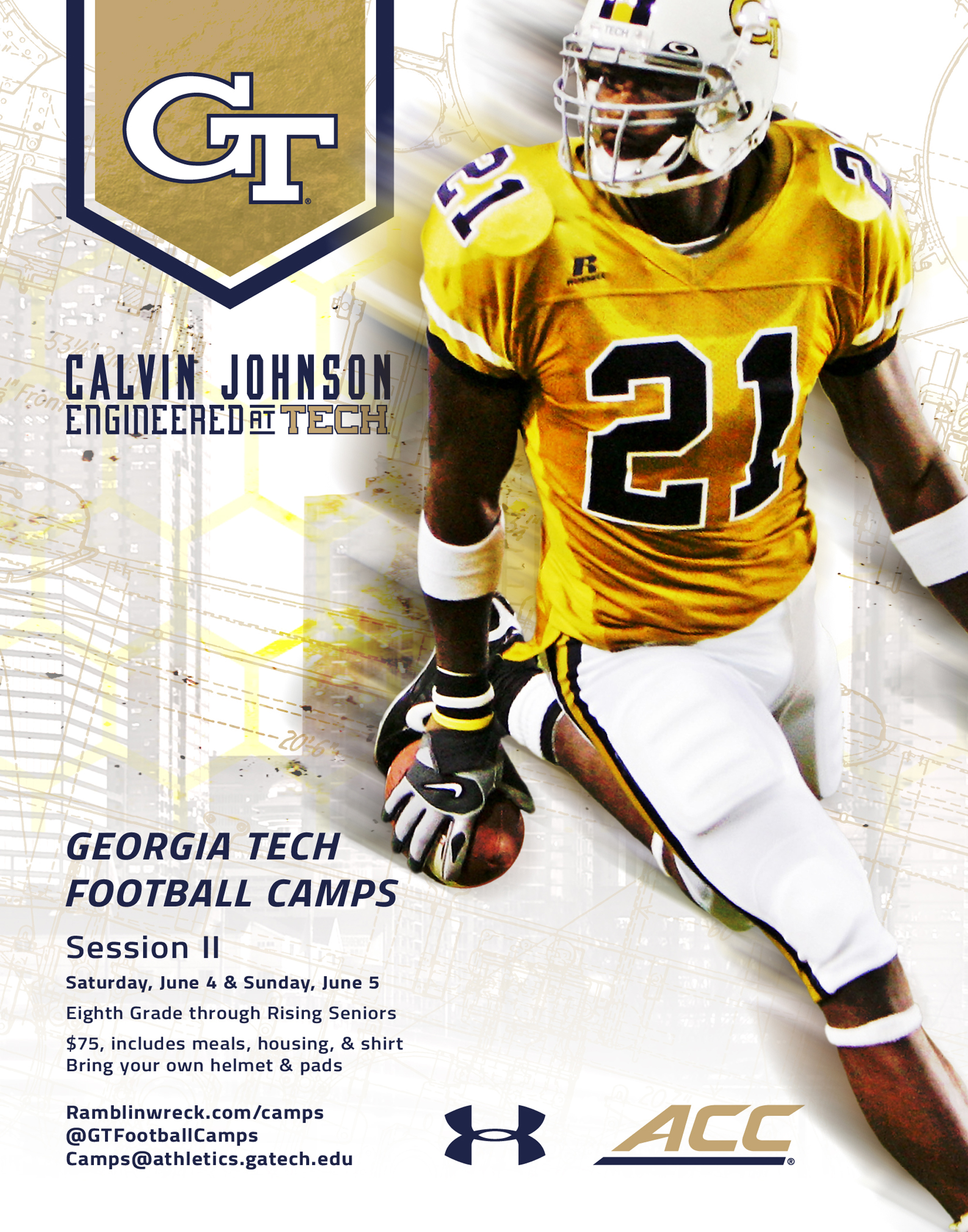Here's an example of a poster advertising summer football camps. Like the Gameday program, the poster focuses on a main image, while providing information in the column to the left.