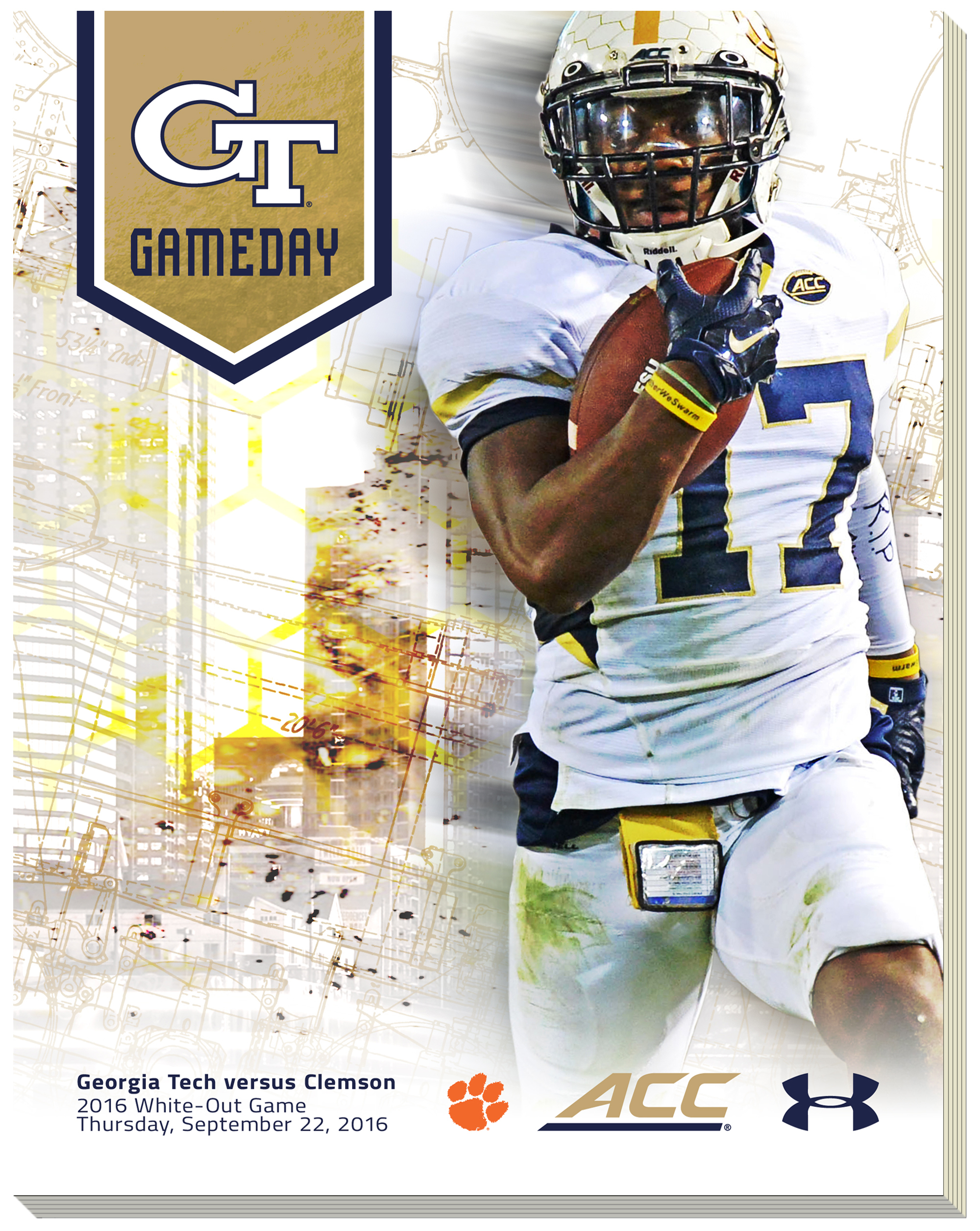 This is an example of a Gameday program cover. The cover reinforces the primary typeface, while using a secondary font for body copy. Most materials would stress dynamic photography, as seen above.
